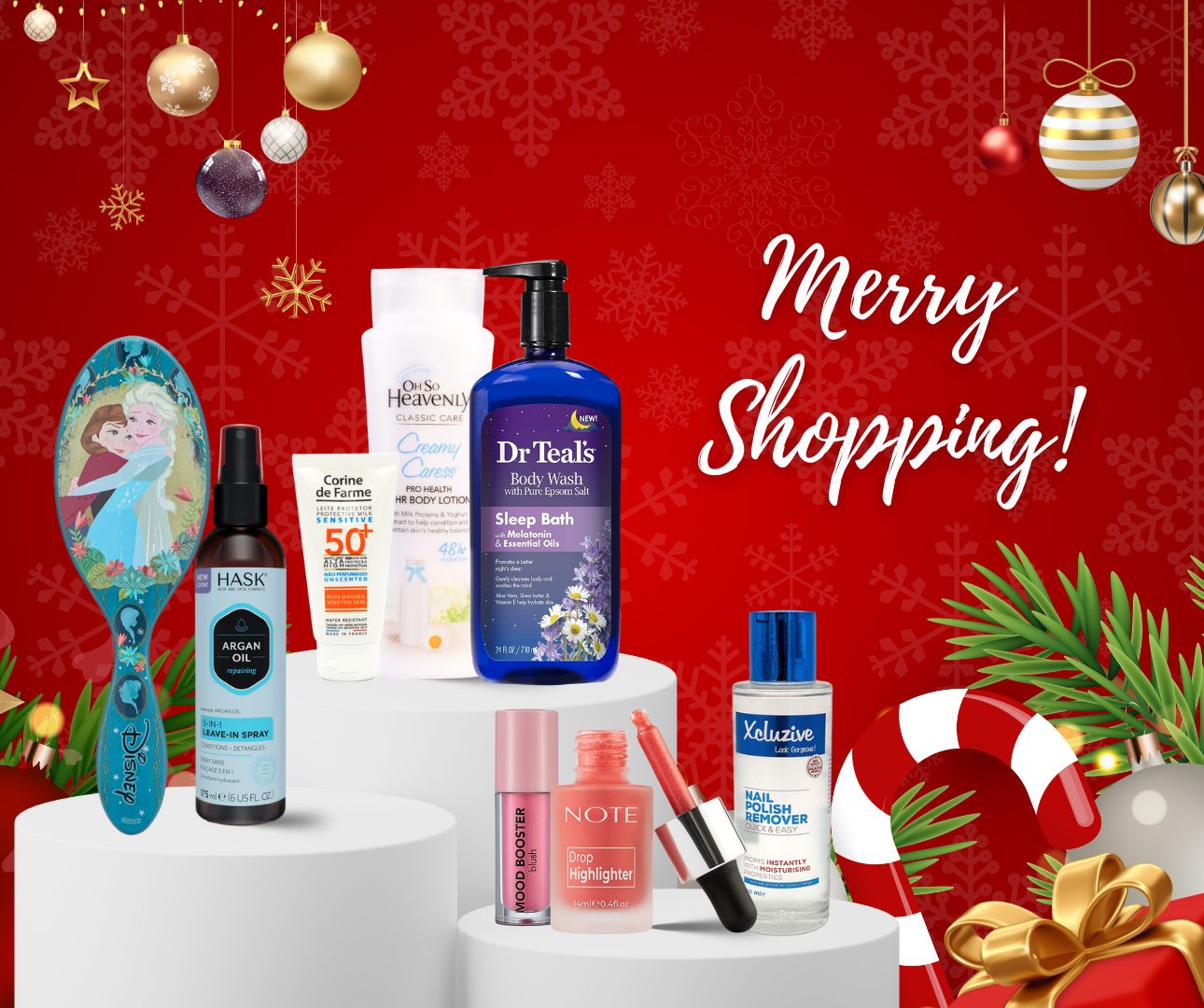 Christmas Sale Banner featuring a festive tree and beauty products with 30-50% off. Limited-time holiday shopping from 23rd December 2024 to 1st January 2025.