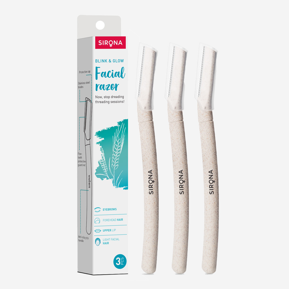 Sirona Blink And Glow Face Razor For Women | Facial & Upper Lips Hair Removal, Eyebrow Shaper & Dermaplaning Tool - 3 Razors