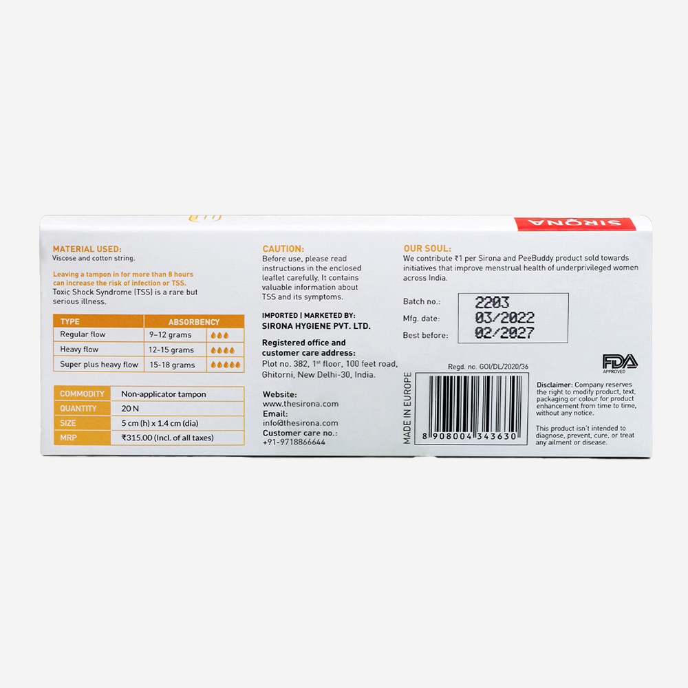 Sirona Fda Approved Premium Digital Tampon (Heavy Flow) - 20 Tampon