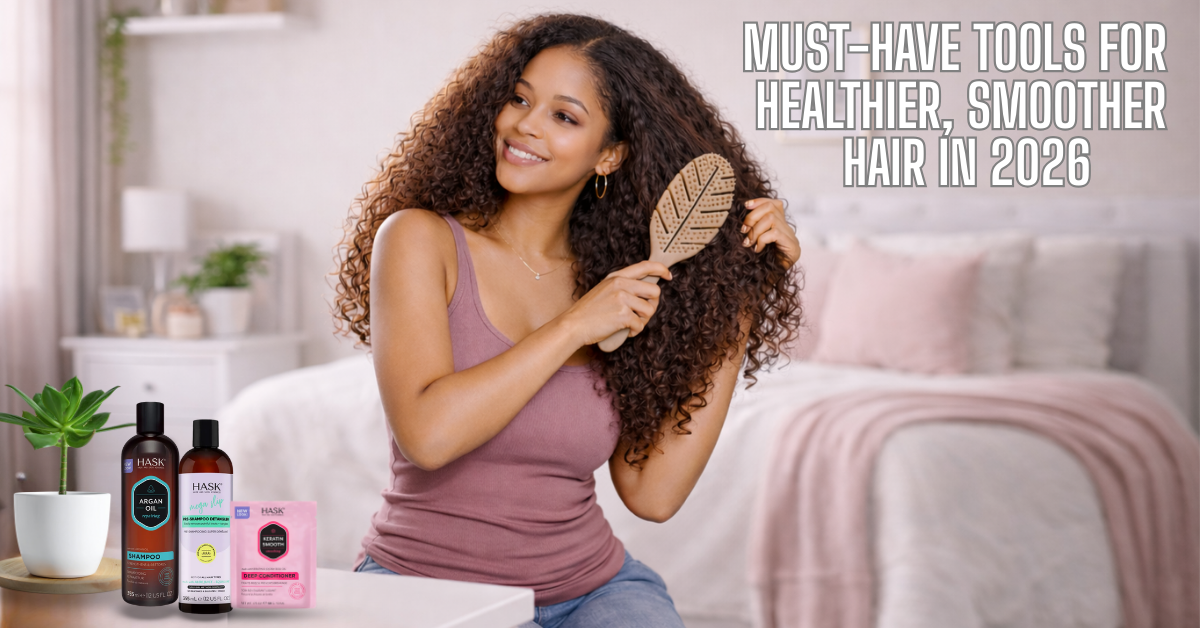 A woman with healthy, curly hair using an eco-friendly detangling brush alongside Hask Argan Oil and Keratin hair care products.