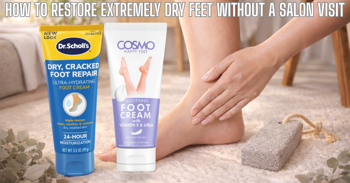 A woman applying foot cream to her heel next to Dr. Scholl's Dry Cracked Foot Repair, Cosmo Soothing Foot Cream, and a pumice stone.